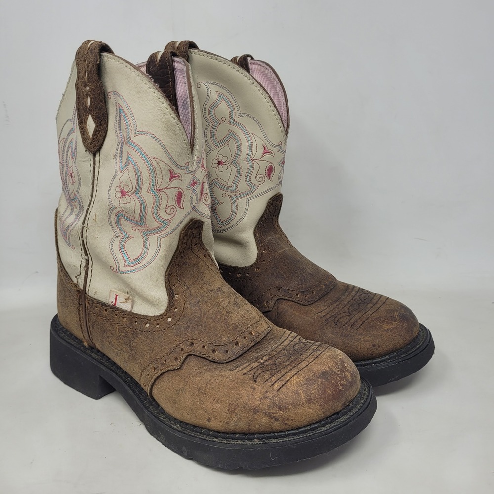 Justin Gypsy Boots 8B Brown Leather Cream L9924 Western Cowgirl Embroidered